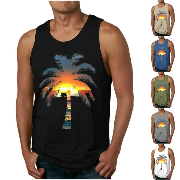VBTAPA Mens Hawaii Tank Tops Sleeveless Palm Tree Graphic Tees Summer Beach Athletic Undershirts Black XL