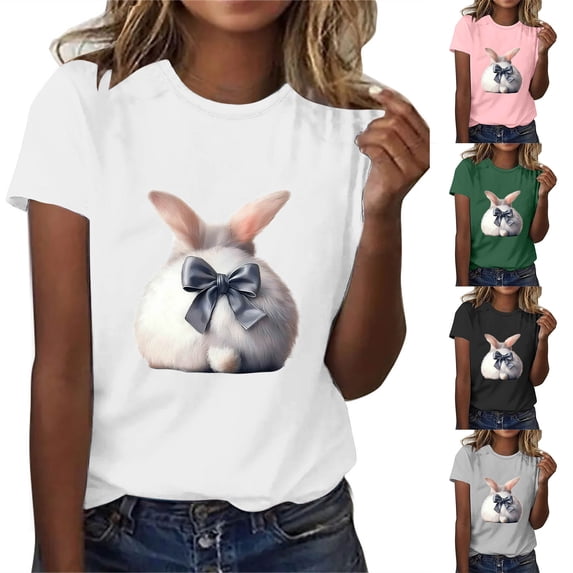 VBTAPA 2025 Summer Tops for Women Happy Easter T Shirt Cute Bunny Eggs Graphic Tees Casual Holiday Short Sleeve Tees Top on Sale White M