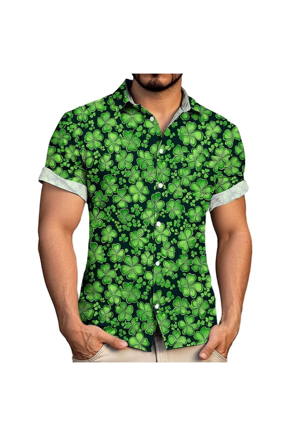 2026 St. Patrick's Day Shirt for Men Novelty Holiday Casual Button Down Shirts Irish Shamrock Printed Short Sleeve Lapel Shirt Mint Green M