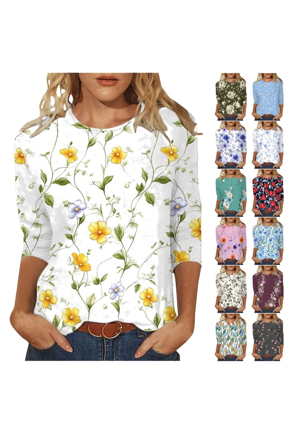 3/4 Length Sleeve Womens Tops Casual Loose Fit Crewneck T Shirts Plus Size Spring Summer Tees Limited Time Sales of Today Multicolor XXXL
