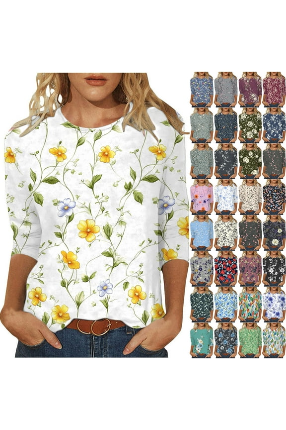 3/4 Length Sleeve Womens Tops Casual Loose Fit Crewneck T Shirts Plus Size Spring Summer Tees Limited Time Sales of Today Multicolor XXXL