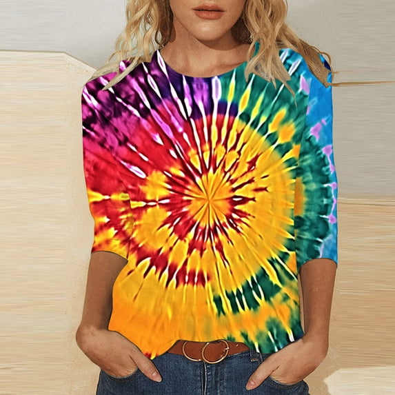 VBTAPA 3/4 Length Sleeve Womens Tops Tie Dye Print Crewneck T-shirt Trendy Casual Graphic Tees Loose Fit Mid-length Summer Blouse Limited Time Sales Multicolor XXXXXL