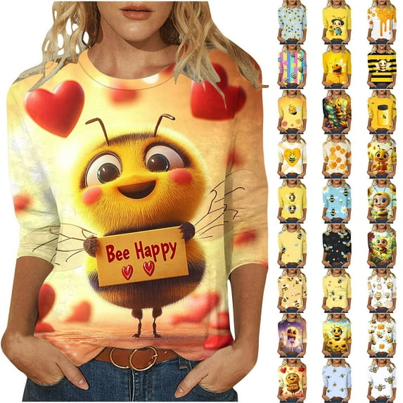 VBTAPA 3/4 Sleeve Tops for Women Bee Printed Crewneck T Shirts Loose Fit Three Quarter Length Tunic Blouses on Sale Multicolor XXXXXL
