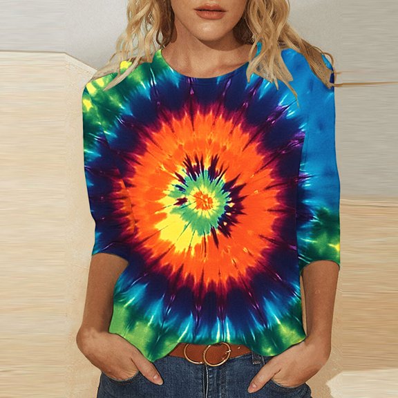 VBTAPA 3/4 Sleeve Women's T-Shirts 2025 Trendy Tie Dye Crew Neck Tops Novelty Graphic Tees Casual Streetwear Lightning Sales Today Multicolor M