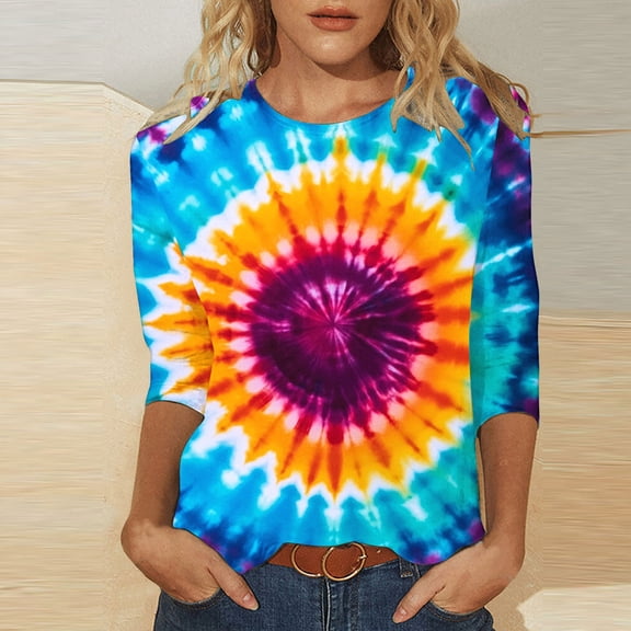 VBTAPA 3/4 Sleeve Women's T-Shirts 2025 Trendy Tie Dye Crew Neck Tops Novelty Graphic Tees Casual Streetwear Prime Sales Today Multicolor M