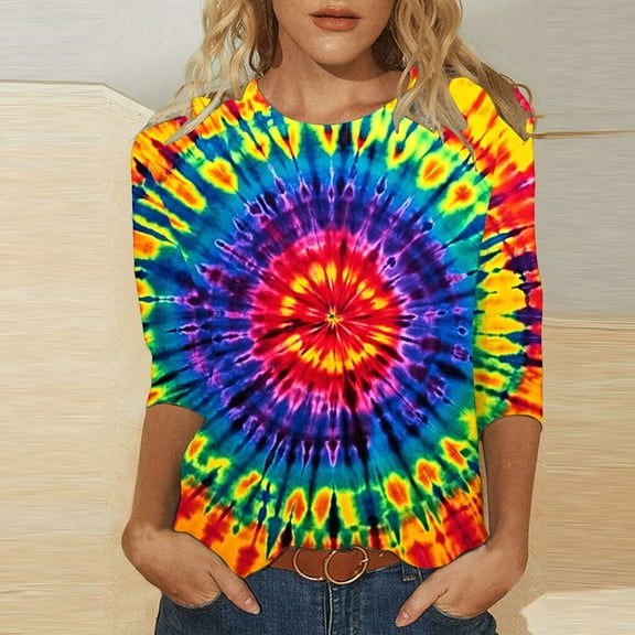 VBTAPA 3/4 Sleeve Women's T-Shirts 2025 Trendy Tie Dye Crew Neck Tops Novelty Graphic Tees Casual Streetwear Prime Sales Today Multicolor XL