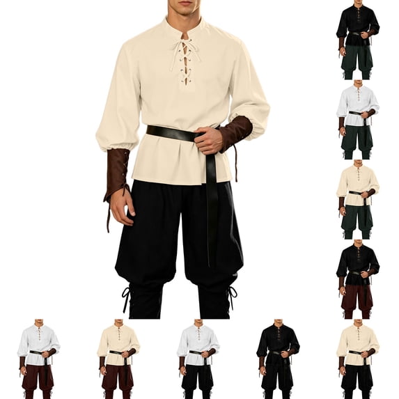 VBTAPA 3 Pcs Men's Renaissance Costume Halloween Medieval Pirate Shirt Pant Belt Outfit Set Viking Costume Sets Brown L