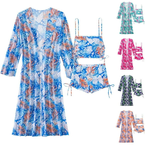 VBTAPA 3 Piece Swimsuits for Women Floral Bikini Set Long Sleeve Beach Cover Ups Kimono Cardigans Boy Shorts Swimwear Set Limited Time Sales of Today Hot Pink M