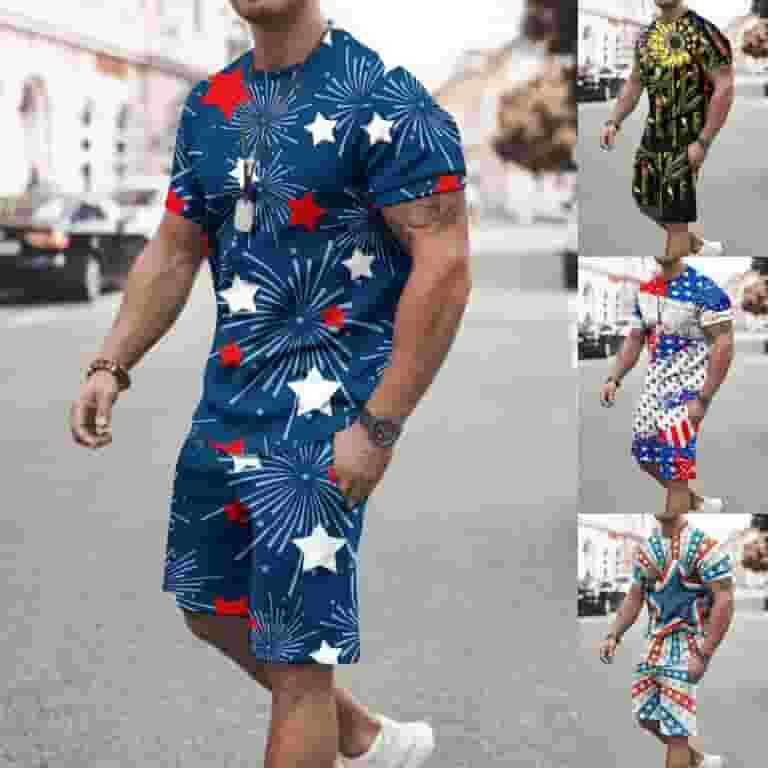 VBTAPA 4th of July Outfits for Men Piece Shirts and Shorts Set