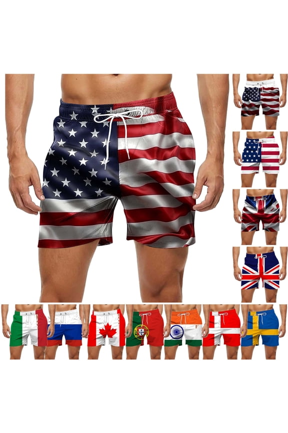 4th of July Shorts for Men Big and Tall Swim Trunks Drawstring Surf Board Shorts Hawaii Beach Shorts with Pockets Multicolor S