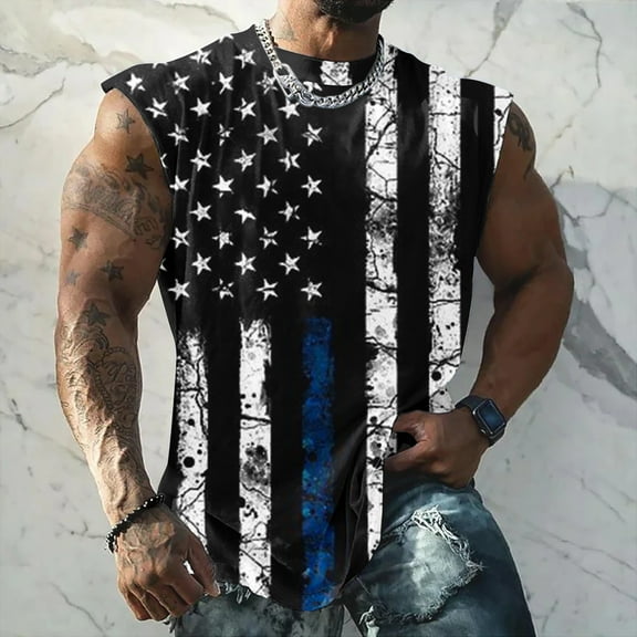 VBTAPA 4th of July Tank Tops for Men American Flag Print Sleeveless Muscle Patriotic Shirts Big and Tall Casual Round Neck Tank Top Breathable Fitness Vest Black M