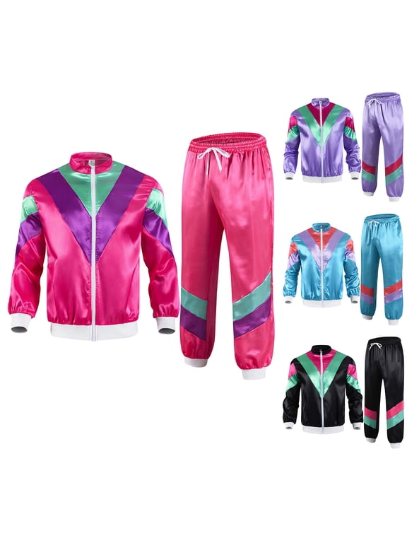 80s Men Workout Costume Carnival Party Outfits 80s 90s Tracksuit Color Block Zip Up Softshell Jacket and Jogging Pants with Pockets Hot Pink XXL