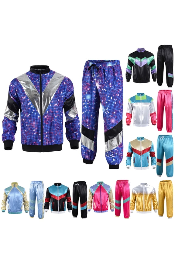 80s Outfit Men 90s Tracksuit 70s Windbreaker Jacket Track Suit 2 Piece Hip Hop Set Multicolor XL