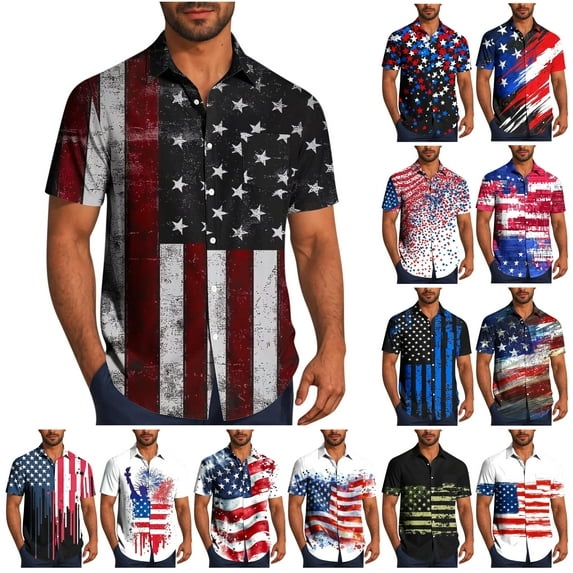 VBTAPA American Flag Shirt for Men Short Sleeve Button Down Patriotic Shirts 4th of July Casual Hawaiian Shirt Summer Casual Beach Vacation Tops on Sale Multicolor L