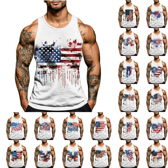 VBTAPA American Flag Tank Top Men 4th of July Shirts USA Patriotic Printed Sleeveless Tee Tops White L