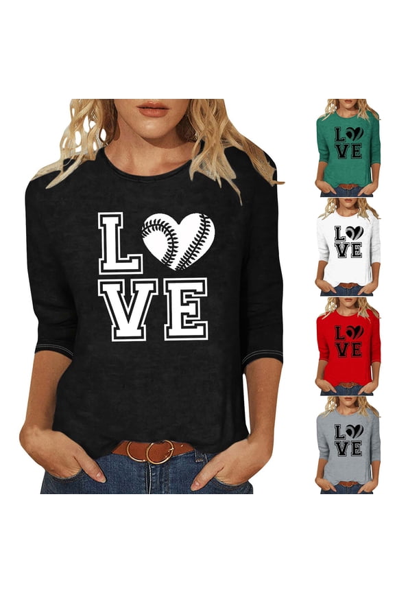 Baseball Shirts Women Baseball Mom Tshirt Baseball Heart Graphic Tee Game Day Gifts Funny Cute 3/4 Sleeve Tops Sales of Today White XXL