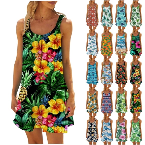 VBTAPA Beach Dresses for Women 2025 Trendy Summer Sleeveless Mini Sundresses Hawaiian Floral Printed Swimsuit Coverup Dress Lightning Sales Multicolor XXL