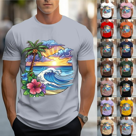 VBTAPA Beach T-shirts for Men Hawaiian Palm Tree Graphic Tees Summer Casual Short Sleeve Crewneck Tee Tops White XL