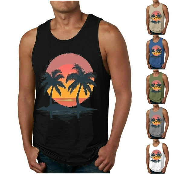 VBTAPA Beach Tank Tops for Men Hawaiian Palm Tree Graphic Tees Tropical Summer Casual Vacation Sleeveless Shirts Khaki XL