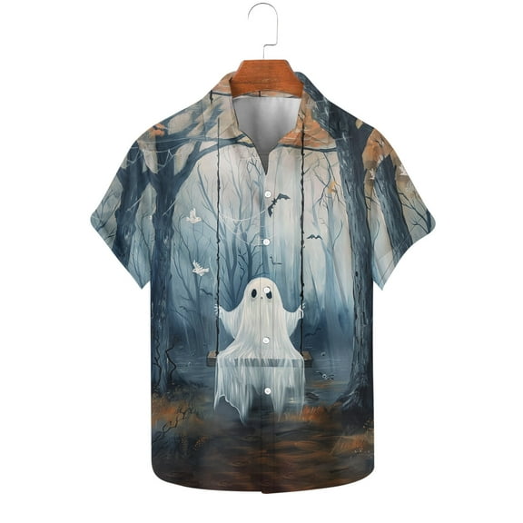 VBTAPA Big and Tall Button Down Shirts for Men Halloween Ghost Printed Short Sleeve Hawaiian Shirt Novelty Holiday Party Blouses Navy XXXL