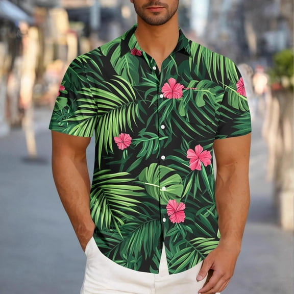 VBTAPA Big and Tall Hawaiian Shirt for Men Tropical Printed Short Sleeve Casual Button Down Shirts Lightweight Beach Party Shirt Limited Time Sales Army Green L