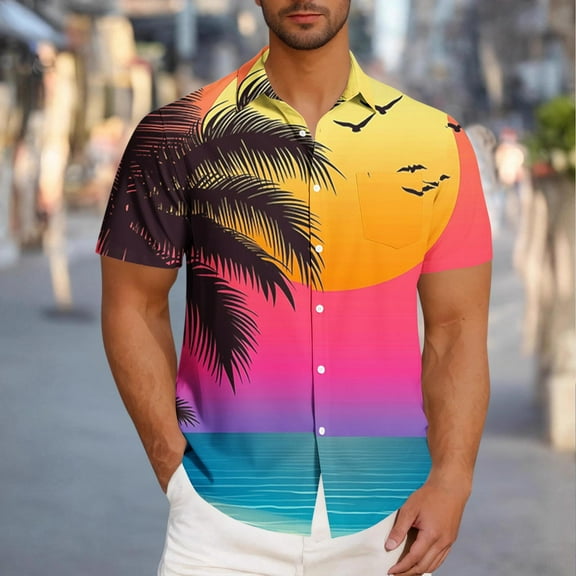VBTAPA Big and Tall Hawaiian Shirt for Men Tropical Printed Short Sleeve Casual Button Down Shirts Lightweight Beach Party Shirt Limited Time Sales Yellow S