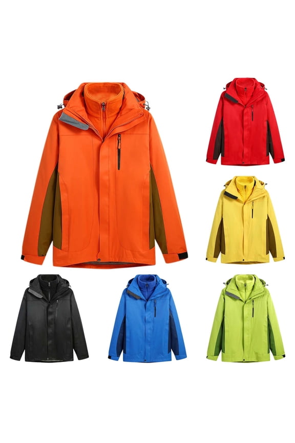 Big and Tall Rain Jackets for Men Waterproof 3 in 1 Ski Jacket Warm Winter Coat Outdoor Windproof Raincoat with Removable Fleece Liner and Hood Orange XXXL
