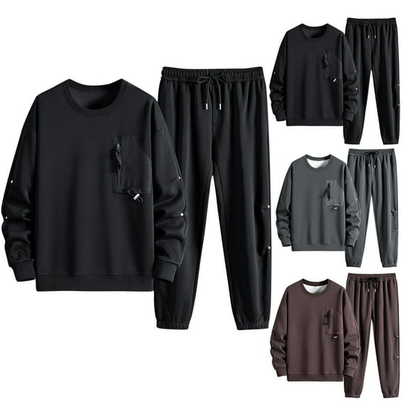 VBTAPA Big and Tall Sweatsuits Mens 2 Piece Outfits Zipper Pocket Crewneck Sweatshirt and Drawstring Sweatpants Casual Track Suits Hip Hop Streetwear on Clearance Black XXL