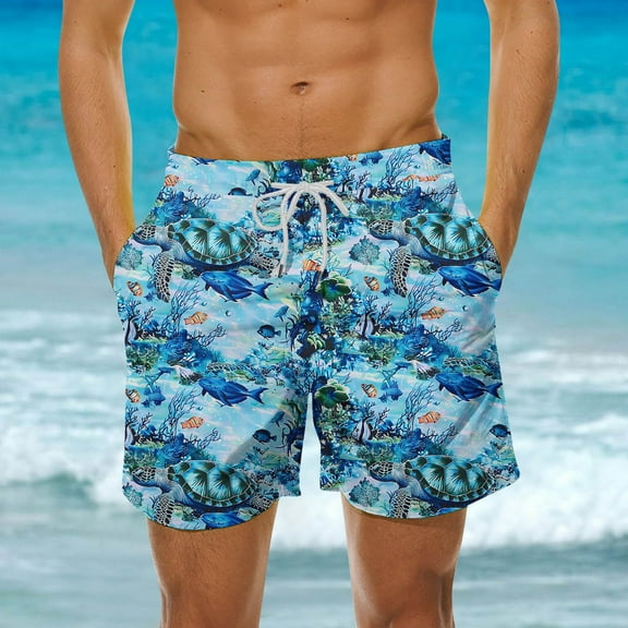 VBTAPA Big and Tall Swim Trunks for Men Sea Turtles Print Board Shorts Elastic Waist Drawstring Beach Shorts Quick Dry Surf Swimming Shorts with Pockets Blue#2 XXXXL