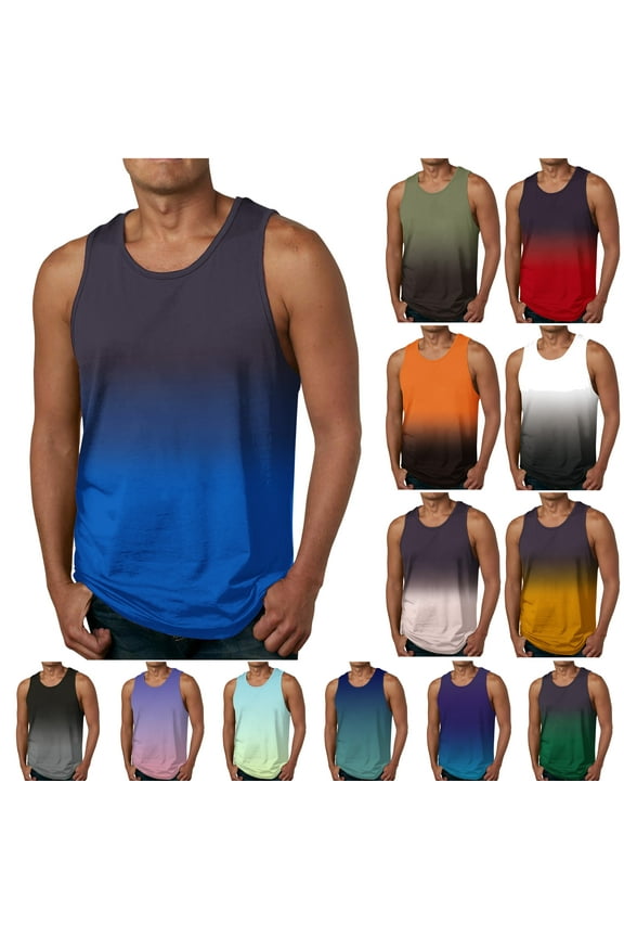 Big and Tall Tank Tops for Men Summer Gradient Print Sleeveless Crewneck T-shirt Tropical Beach Tanks Casual Workout Vest Top Army Green XXXL