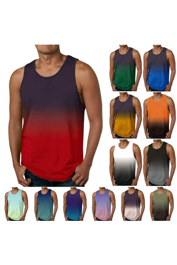 Big and Tall Tank Tops for Men Summer Gradient Print Sleeveless Crewneck T-shirt Tropical Beach Tanks Casual Workout Vest Top White XXXXXXL