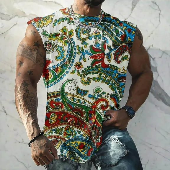 VBTAPA Big and Tall Tank Tops for Men Vintage Ethnic Print Sleeveless Muscle Shirts Casual Workout Round Neck Tank Top Breathable Fitness Vest Summer Beach Tanks White XXXXL