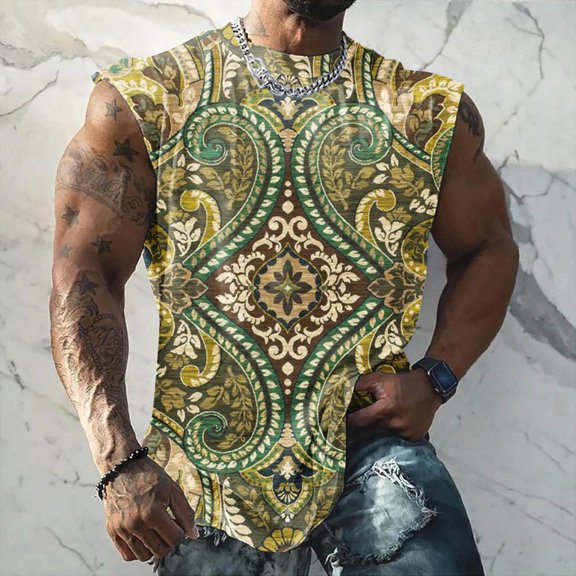 VBTAPA Big and Tall Tank Tops for Men Vintage Ethnic Print Sleeveless Muscle Shirts Casual Workout Round Neck Tank Top Breathable Fitness Vest Summer Beach Tanks Green XXXXL