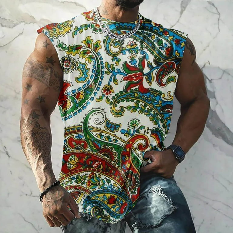 VBTAPA Big and Tall Tank Tops for Men Vintage Ethnic Print Sleeveless Muscle Shirts Casual Workout Round Neck Tank Top Breathable Fitness Vest Summer