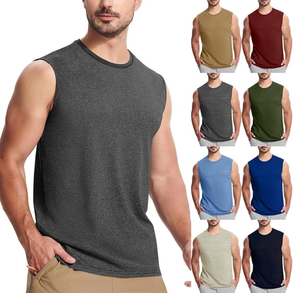 VBTAPA Big and Tall Tank Top for Men Sleeveless Solid Crew Neck T-shirts Gym Workout Muscle Tee Khaki M