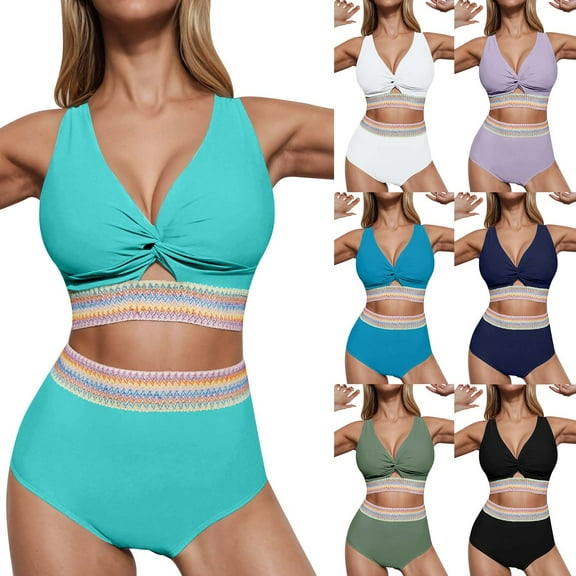VBTAPA Bikini Sets for Women High Waisted Two Piece Swimsuit Knot Twist Cut Out Bathing Suit Summer Beach Swimwear Prime Sales of The Day Black XL