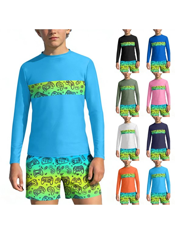 Boys 2 Piece Rash Guard Swimsuits Set with Swim Trunk Kids Long Sleeve Bathing Suit Tropical Summer Beach Swimwear Set Orange 3-4Years