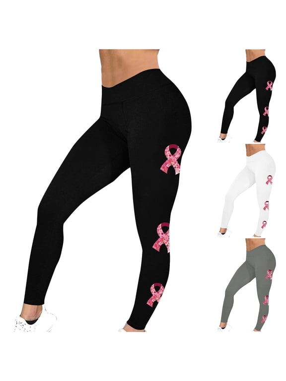 Breast Cancer Awareness Leggings for Women Pink Ribbon Printed High Waist Stretch Yoga Running Pants Casual Workout Tights Fight The Cancer Inspiration Leggings Big Deal Days Gray XXL