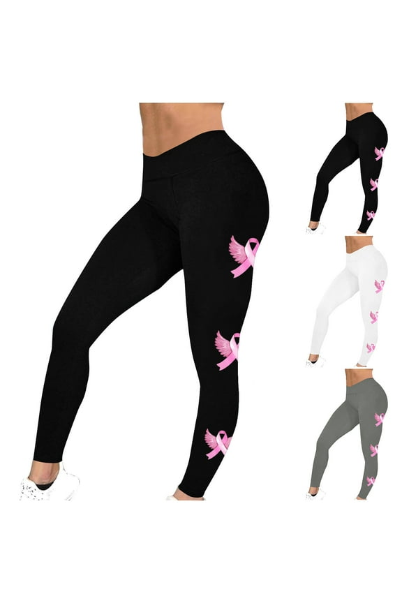 Breast Cancer Awareness Leggings for Women Pink Ribbon Printed High Waist Workout Yoga Pants Survivor Inspirational Tights Buttery Soft Milk Silk Legging 90% Off Clearance Sale Gray M