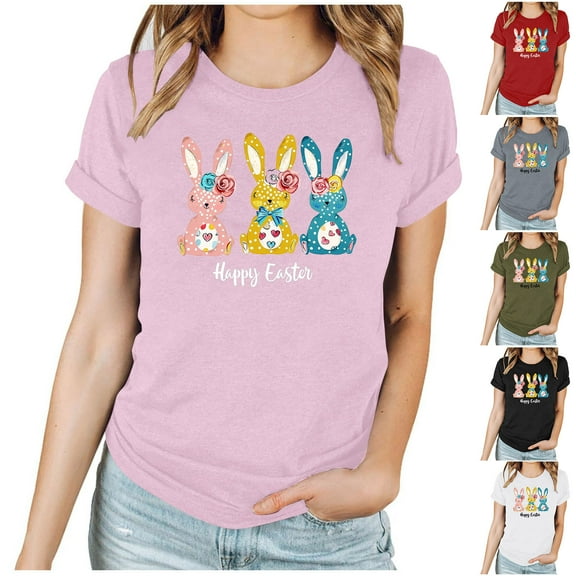 VBTAPA Bunny T-shirt for Women 2025 Easter Graphic Tees Egg Hunt Themed Printed Short Sleeve Crewneck Tee Tops Lightning Sales Today Black L