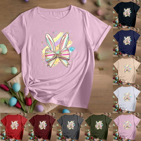 VBTAPA Bunny T-shirt for Women 2025 Easter Graphic Tees Egg Hunt Themed Printed Short Sleeve Crewneck Tee Tops Lightning Sales of The Day Pink M