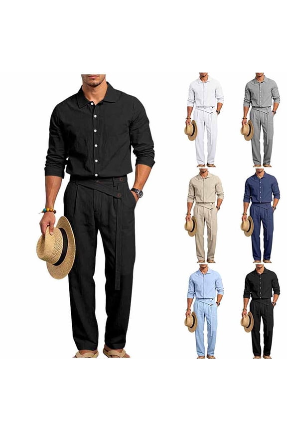 Business Casual Outfits for Men Cotton Linen 2 Piece Set Long Sleeve Button Down Shirts and Pants Set Office Work Suit with Pockets Black L