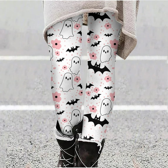 VBTAPA Buttery Soft Leggings for Women Halloween Bat Print High Waisted Stretch Yoga Running Pants Novelty Holiday Party Tights Casual Workout Bottoms Novelty Gifts White XXXL