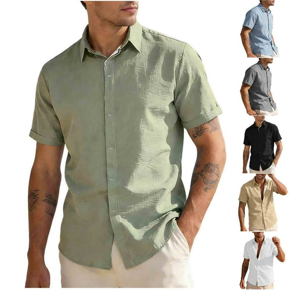 VBTAPA Button Down Linen Shirts for Men Short Sleeve Casual Beach Shirt Lightweight Breathable Summer Basic Shirts Green M