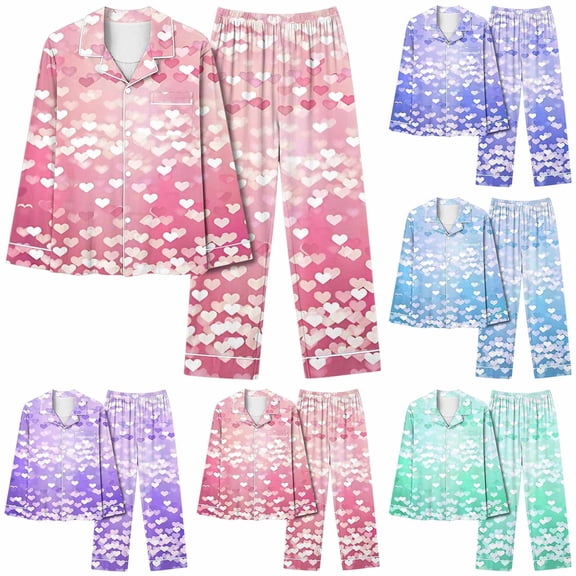 VBTAPA Button Down Pjs for Women Valentine's Day Pajama Set Notch Collar Heart Print Pajamas Tops with Pocket and Pants Purple XL