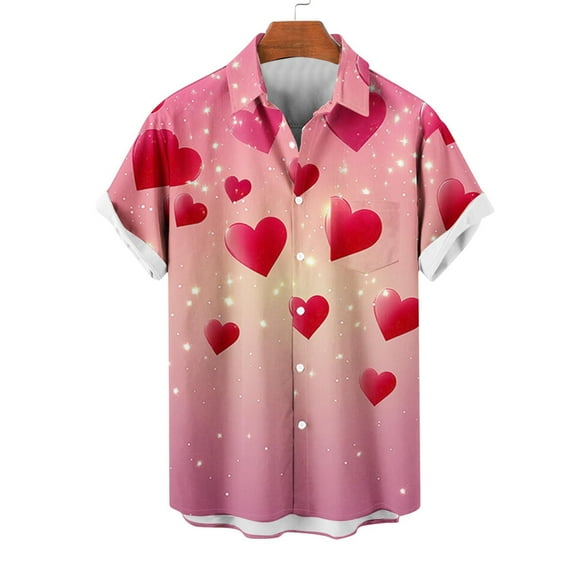 VBTAPA Button Down Shirts for Men Trendy Love Graphic Short Sleeve Valentine's Day Shirt Loose Fit Summer Vacation Hawaiian Beach Shirt Multicolor XXXL