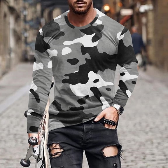 VBTAPA Camo Long Sleeve Shirt for Men Crewneck Camouflage T-Shirt Lightweight Hunting Shirts Sport Athletic Workout Tops Gray M