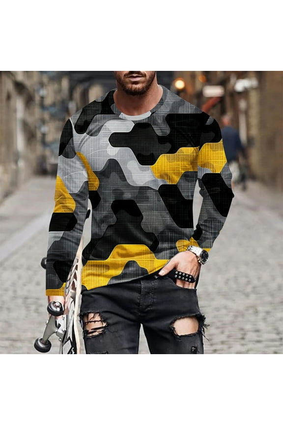 Camo T-Shirts for Men Long Sleeve Crewneck Pullover Tops Camouflage Military T Shirt Army Hiking Workout Tees Yellow L
