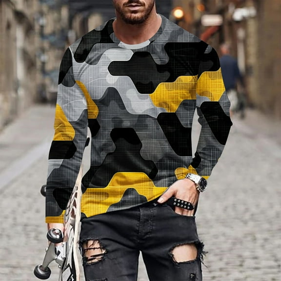 VBTAPA Camo T-Shirts for Men Long Sleeve Crewneck Pullover Tops Camouflage Military T Shirt Army Hiking Workout Tees Yellow M