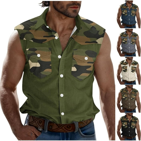VBTAPA Cargo Shirts for Men Casual Summer Sleeveless Button Down Shirt Summer Beach Vacation Tank Tops Camo Hiking Shirts with Multi-Pockets on Sale Black XXL